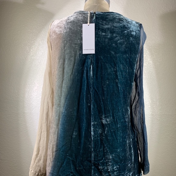 Viviana Uchitel Kvinna Silk Velvet Top W/ Chiffon Sleeve in Scandinavian Sky NWT - Picture 4 of 6